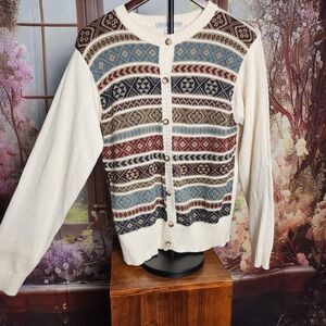 Button up sweater or cardigan, earth tone stripes and beige sleeves and back